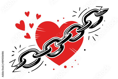 Broken chain on a red heart with hearts floating Vector