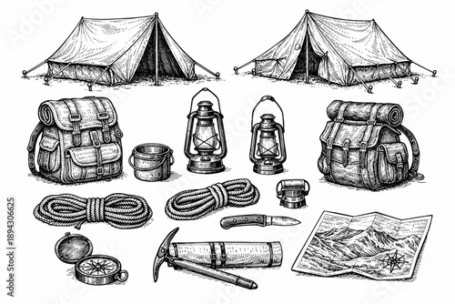 Vintage camping gear collection with tents, backpacks, and outdoor essentials