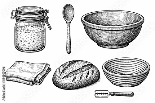 Vintage bread-making tools set with sourdough, wooden spoon, and mixing bowls
