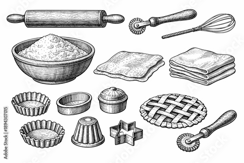 Vintage baking tools and pastries illustration with rolling pin and whisk