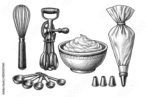 Vintage kitchen tools: whisk, beater, mixing bowl, piping bag, and measuring spoons
