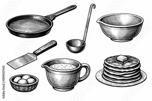 Vintage kitchen utensils and pancakes illustration with eggs and mixing bowls