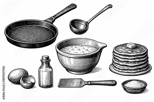Vintage breakfast cooking set with pancakes, ingredients, and utensils in engraving style