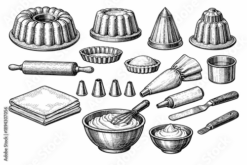 Vintage baking tools collection with whisk, pans, and rolling pins