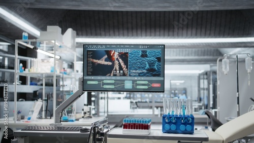 Empty clinical laboratory with advanced technology and sterile surfaces ready for testing, data analysis and chemical reaction experiments. Healthcare and pharmaceutical research breakthrough.