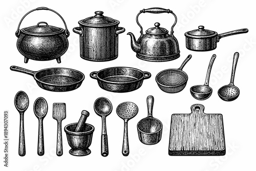 Vintage kitchen utensils and cookware collection in detailed black and white engraving style