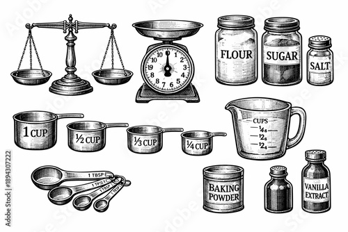 Vintage kitchen weights and measures illustration with scales and measuring tools