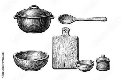Vintage kitchen utensils: pot, spoon, bowl, cutting board, condiment container