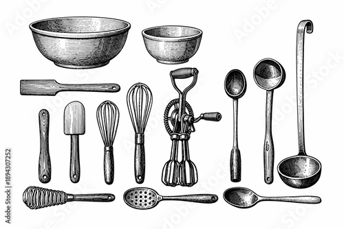 Vintage kitchen utensil set featuring whisk bowl beater spoons and ladle