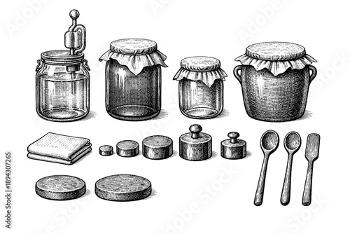Vintage kitchen utensils and storage jars with weights and spoons