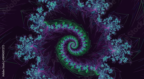 Intricate Digital Fractal Art Spiral Pattern in Vibrant Green, Blue, and Purple Tones. Abstract Geometric Hypnotic Design.