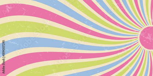 Retro groovy sun burst with abstract grunge burst, flat wavy rays and horizontal orange sunshine. Vintage sun shapes with bright color and y2k style, perfect as a dynamic background or creative