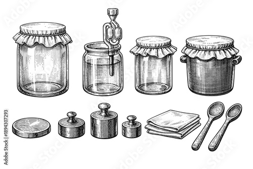 Vintage glass jars and equipment for homemade fermentation and preservation