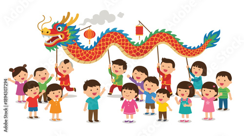 A group of diverse children holding a colorful dragon puppet on a white background with a joyful and festive atmosphere.