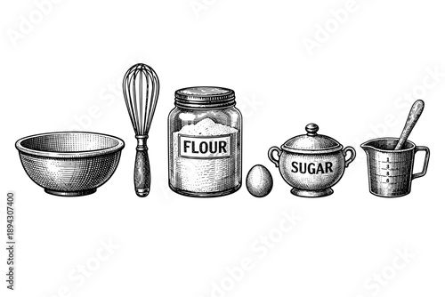 Vintage baking utensils and ingredients on white background