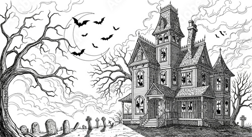 Eerie haunted house illustration with flying bats, crescent moon, and a spooky graveyard. Detailed Victorian mansion on a desolate Halloween night.