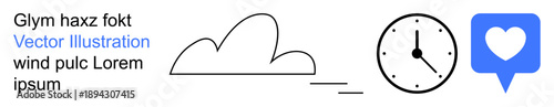 Weather updates, time management, social interactions, digital communication, love, minimalism. Cloud motif, clock and heart in speech bubble. Weather updates and time management visualization