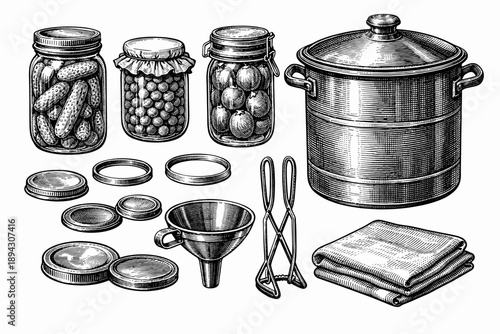 Hand-drawn canning supplies with jars, funnel, lids, tongs, and cloth