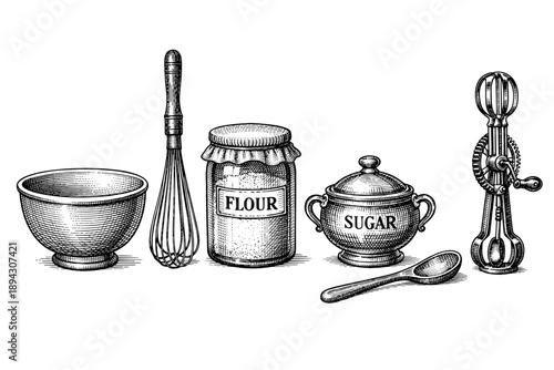 Vintage baking utensils and ingredients: bowl, whisk, flour, sugar, spoon, egg beater