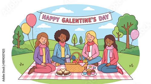 Illustration of four women having a picnic on a blanket in a park with a Galentine's Day banner and colorful balloons.