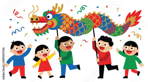 Colorful illustration of four children joyfully carrying a dragon puppet with confetti on a white background.