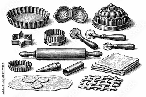 Vintage baking utensils and tools collection in black and white
