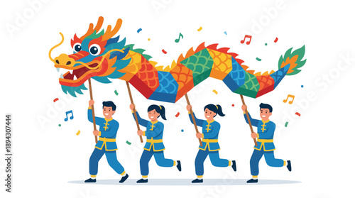 Four performers in blue costumes dancing with a colorful dragon puppet on a white background with festive music notes.