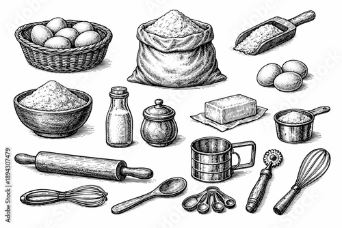 Vintage baking tools and ingredients sketch with eggs, flour, and utensils