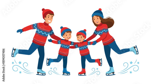 Illustration of a family of three holding hands while ice skating on a white background with decorative swirls, wearing matching red and blue winter outfits.