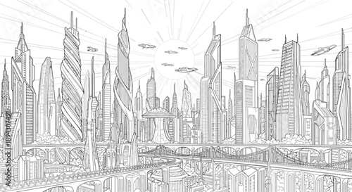 Detailed futuristic city skyline line art illustration. Modern architectural landscape with advanced buildings, bridges, flying cars, and a rising sun.