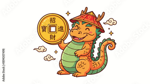 A cartoon dragon wearing a traditional Chinese hat holds a gold coin with Chinese characters on a white background with clouds and sparkles.