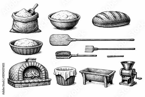 Rustic baking tools and ingredients with brick oven and bread illustrations