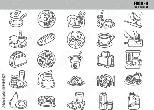 Breakfast Preparation Line Icons Set – Dairy, Toast, Pancakes, Coffee & Morning Food Outline Symbols, Editable Vector Pack