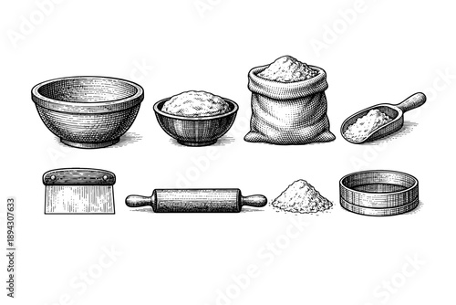 Vintage baking tools and ingredients with flour and rolling pin