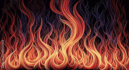 Vibrant stylized fire flames background. Dynamic artistic illustration of glowing heat and flowing embers with warm colors.