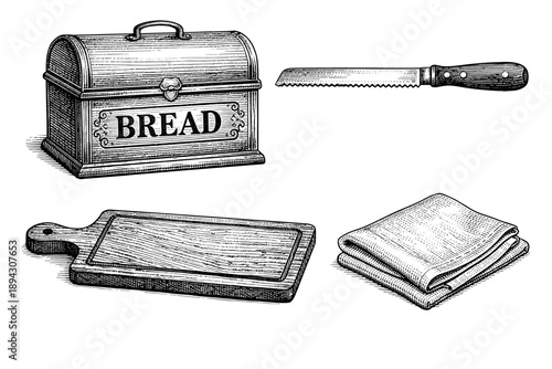 Vintage bakery tools set with bread box, bread knife, cutting board, and napkin