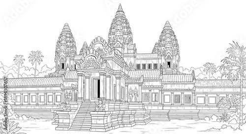 Detailed line art illustration of an ancient Southeast Asian temple with ornate architecture, historic monument perfect for coloring books
