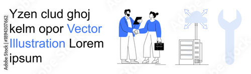 Business collaboration, IT services, cloud storage, digital teamwork, data management, and technology solutions. Two people shaking hands, cloud computing icons server and a wrench. Business