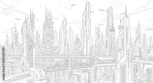 Detailed line art vector of a futuristic city skyline. Modern urban metropolis with advanced architecture and transport system.