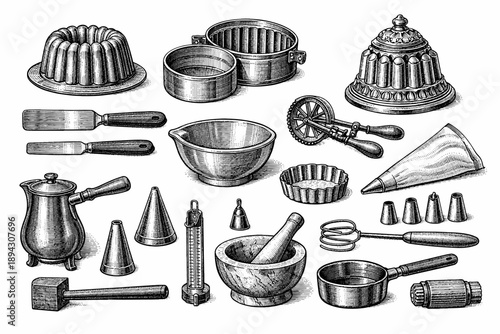 Vintage baking utensils and tools collection in black and white