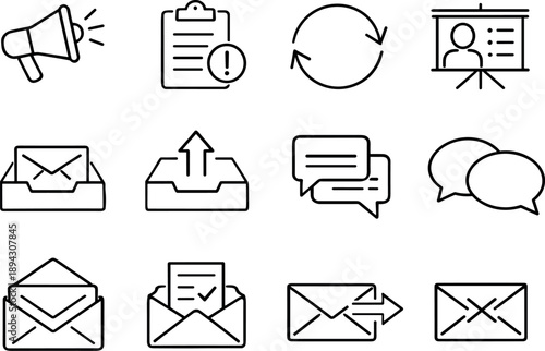  Line style vector icons of corporate messaging icons: announcement, notice, update, briefing; inbox, outbox,