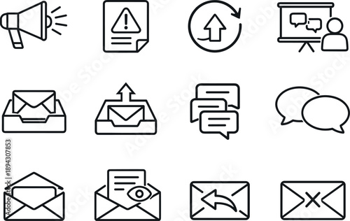 Line style vector icons of corporate messaging icons: announcement, notice, update, briefing; inbox, outbox,