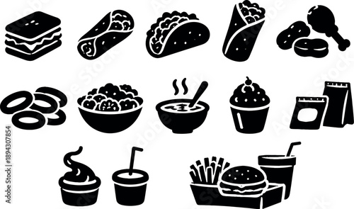  Solid vector icons of quick service meals: sandwich, wrap, taco, burrito, fried chicken, nugget, onion ring,