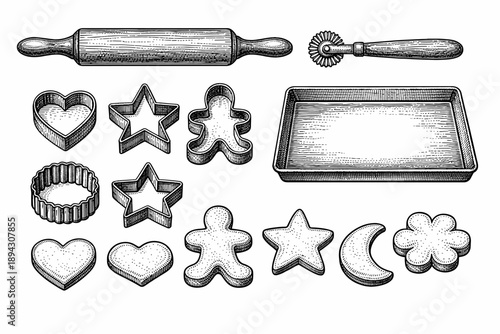 Baking tools set with cookie cutters and rolling pin for pastry preparation