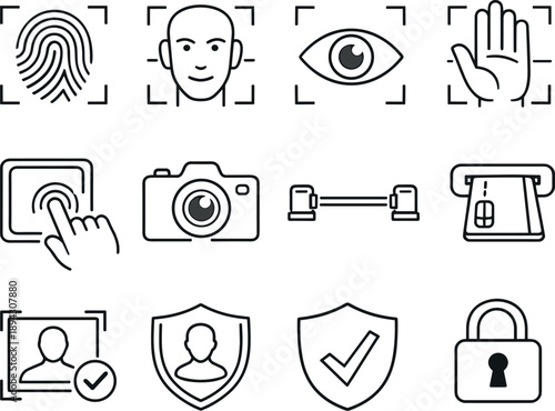 Biometric Scanner Icons. Line style vector icons of biometric scanner: fingerprint, face scan, iris scan, palm scan; sensor pad,