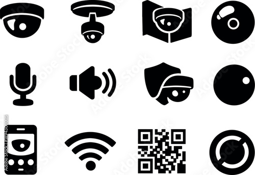  Solid vector icons of indoor surveillance: dome camera, ceiling mount, corner mount, wide angle lens, microphone