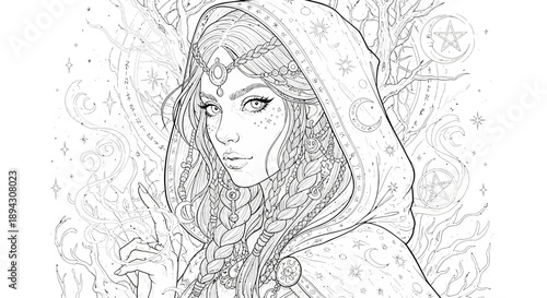 Enchanting Fantasy Woman in Hooded Cloak, Intricate Line Art Illustration for Adult Coloring Page, Mystical and Magical Design