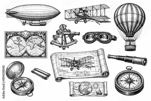 Vintage aviation and exploration tools with maps and compass