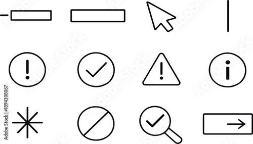  Line style vector icons of form elements: label, field, cursor, caret; error, success, warning, info; required,