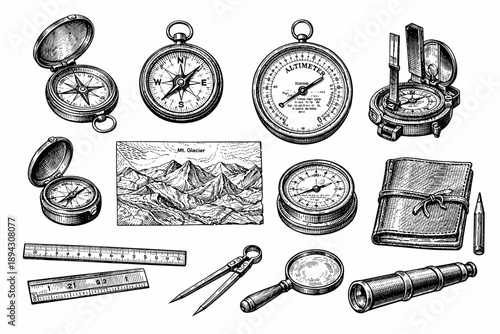 Vintage navigation tools collection: compass, altimeter, map, journal, telescope, rulers